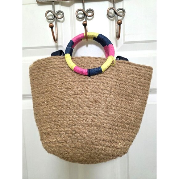 NWT Natural Woven Straw Tote Bag With Colorful Wrapped Handles & Black Shoulder - Picture 2 of 6